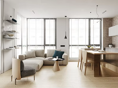 Modern Apartment Living Room With Light Gray Sofa Blue Cushions Large Windows And Dining Table 3d model