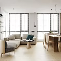 Modern Apartment Living Room With Light Gray Sofa Blue Cushions Large Windows And Dining Table