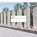 Modern White Scenic Wall With Vertical Concrete Slats Green Trees Red Plants And Paved Ground