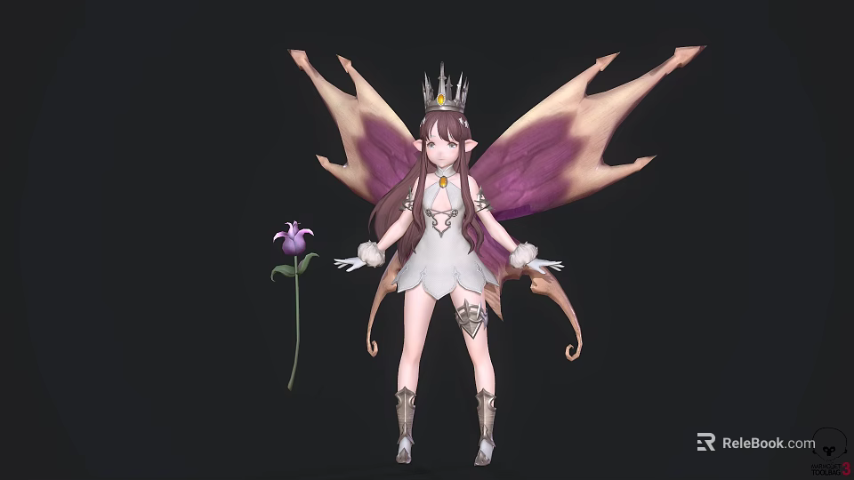 Fantasy Fairy Character With Crown White Dress And Purple Brown Wings Near Purple Flower 3d model 