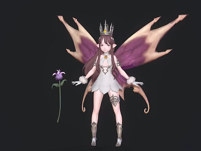 Fantasy Fairy Character With Crown White Dress And Purple Brown Wings Near Purple Flower 3d model