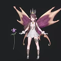 Fantasy Fairy Character With Crown White Dress And Purple Brown Wings Near Purple Flower