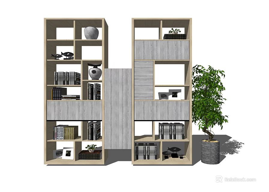 Modern Wooden Bookcase With Multiple Shelves Books Decorative Items And Potted Plant 3d model 