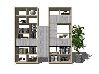 Modern Wooden Bookcase With Multiple Shelves Books Decorative Items And Potted Plant 3d model