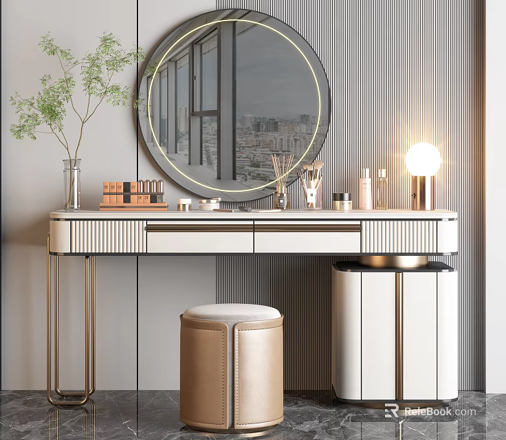 Modern Dressing Table With Round Mirror City View Reflection Potted Plant Cosmetics Lamp Leather Stool 3d model 