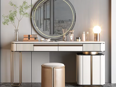 Modern Dressing Table With Round Mirror City View Reflection Potted Plant Cosmetics Lamp Leather Stool 3d model