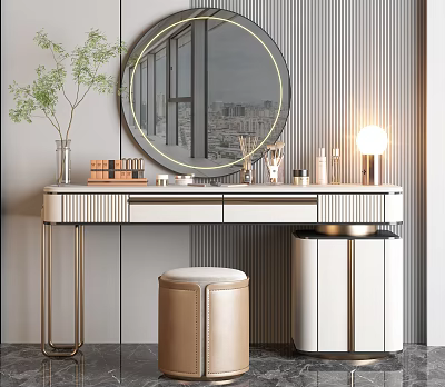 Modern Dressing Table With Round Mirror City View Reflection Potted Plant Cosmetics Lamp Leather Stool 3d model