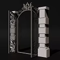 Wrought Iron Gate With Ornate Carvings Arched Frame And Stone Pillars