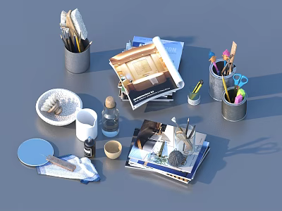 Household Items Collection Including Stationery Magazines Plates Cups and Daily Essentials 3d model