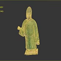 Ancient Terracotta Figurine In Green Robe With Hat And Standing Posture On Base