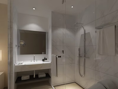Hotel Guest Room Bathroom With Modern Marble Walls Glass Shower Enclosure Vanity Mirror And Towels 3d model