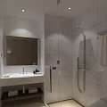 Hotel Guest Room Bathroom With Modern Marble Walls Glass Shower Enclosure Vanity Mirror And Towels