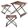 Three Brown Folding Stools With Leather Seats And Metal Frames 3d model