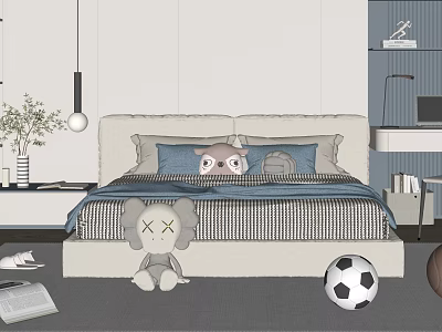 Cozy Double Bed With Blue Pillows Striped Bedspread Stuffed Toys Soccer Ball And Basketball 3d model