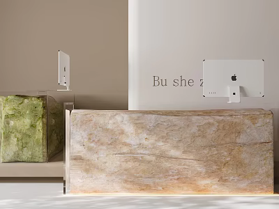 Minimalist Bar Counter With Natural Stone Top And Apple Desktop Monitors 3d model