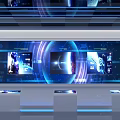 Modern Hi tech Exhibition Hall with Blue Lighting Displays and Exhibition Stands