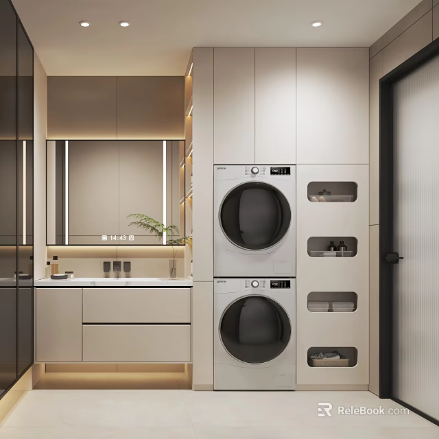 Modern Bathroom Interior With Stacked Washing Machine Dryer Vanity Mirror And Storage Cabinets 3d model 