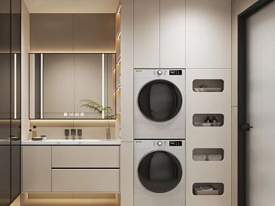 Cream Style Bathroom Laundry Room Simple Bathroom Cabinet Combination Washing Machine Storage Cabinet 3d model