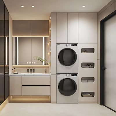 Modern Bathroom Interior With Stacked Washing Machine Dryer Vanity Mirror And Storage Cabinets 3d model