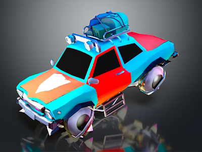 Colorful Cartoon Style Car With Roof Rack Luggage And Vibrant Blue Red Orange Design 3d model