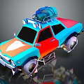 Colorful Cartoon Style Car With Roof Rack Luggage And Vibrant Blue Red Orange Design