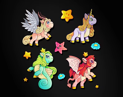 Colorful Cartoon Wall Decorations With Unicorn Winged Creatures Stars And Flowers 3d model