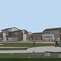 Modern Commercial Street with Open Plaza Greenery Lighting and Pedestrian Activities