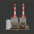 Industrial Factory Building With Red White Chimneys Cooling Tower And Steel Structures