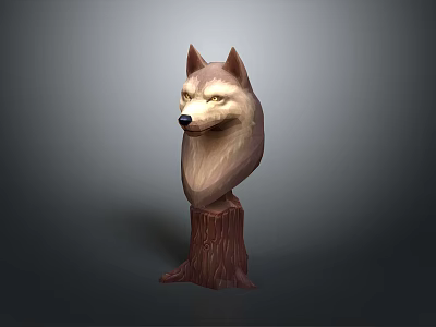Realistic Wolf Head Sculpture Displayed On Tree Stump Base 3d model