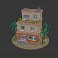 Two Story Building With Beige And Orange Exterior Balcony Palm Trees And Steps