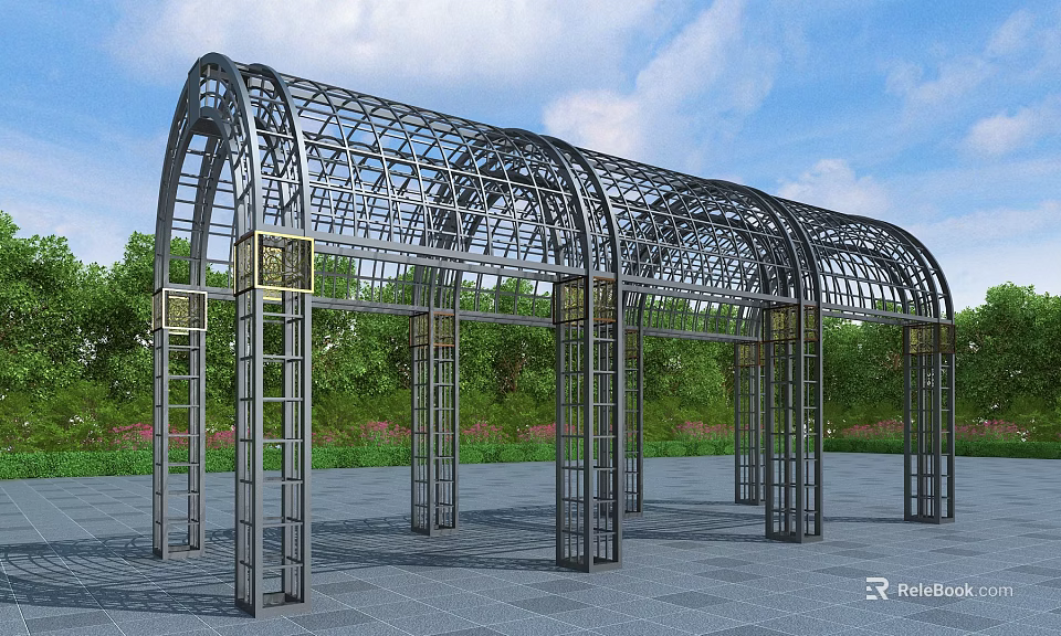 Outdoor Metal Pergola with Arch Structure Green Trees and Blue Sky 3d model 