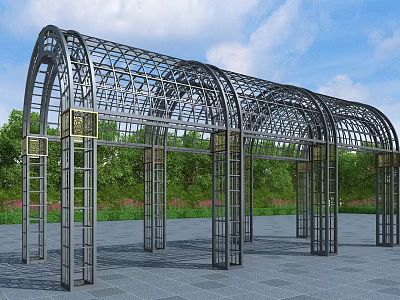 Outdoor Metal Pergola with Arch Structure Green Trees and Blue Sky 3d model