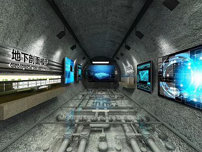 Underground Cross Section Tunnel With Geological Displays Transparent Floor And Pipeline System 3d model