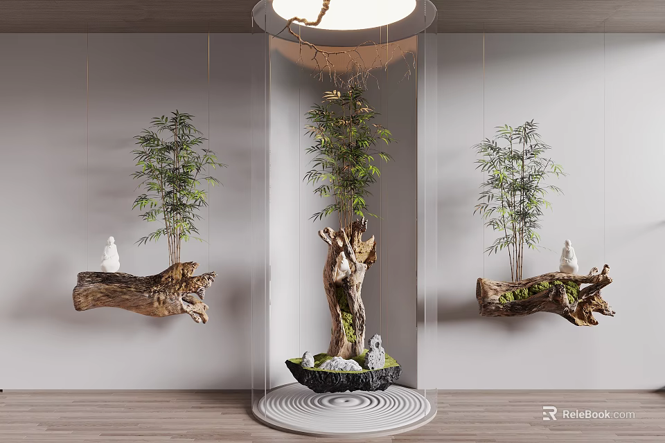 Zen Style Interior Decoration With Wood Logs Bamboo And Statues 3d model 