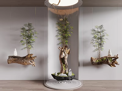 Zen Style Interior Decoration With Wood Logs Bamboo And Statues 3d model