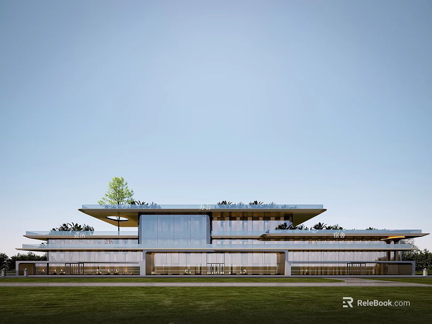 Modern Architectural Design Building with Green Roof Plants and Large Glass Windows Front Lawn Area 3d model 