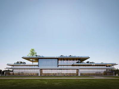 Modern Architectural Design Building with Green Roof Plants and Large Glass Windows Front Lawn Area 3d model