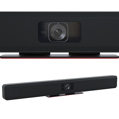 Black Soundbar Audio System With Built In Camera And Red Accent For Home Theater Use 3d model