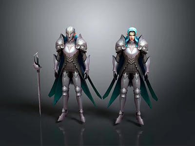 Two Armored Characters In Silver Armor With Green Capes And Sword 3d model