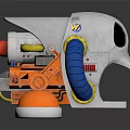 Mechanical Weapon with Red Lens Orange Components White Body and Blue Parts on Round Base