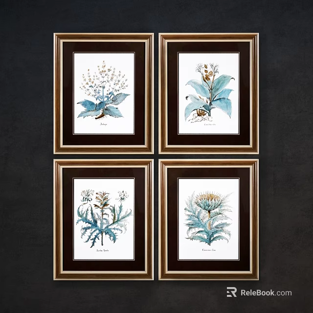 Four Dark Framed Blue Botanical Prints For Home Wall Decor 3d model