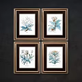 Four Dark Framed Blue Botanical Prints For Home Wall Decor 3d model