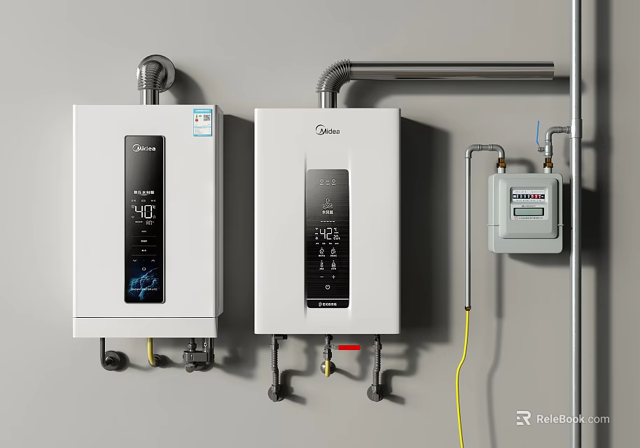 Two Midea White Wall Mounted Water Heaters For Daily Use With Gas Meter 3d model 