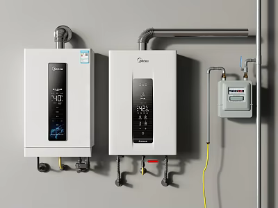 Two Midea White Wall Mounted Water Heaters For Daily Use With Gas Meter 3d model