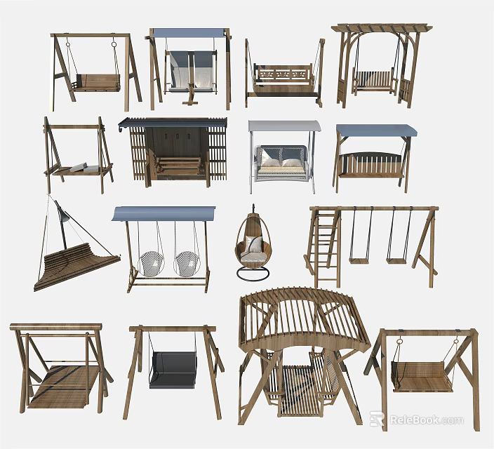 Outdoor Wooden Playground Equipment with Various Swing Styles and Kids Play Structures 3d model 