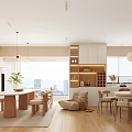 Minimalist Modern Dining Living Room Interior With Wooden Table Chairs Bookshelves And Pendant Lighting