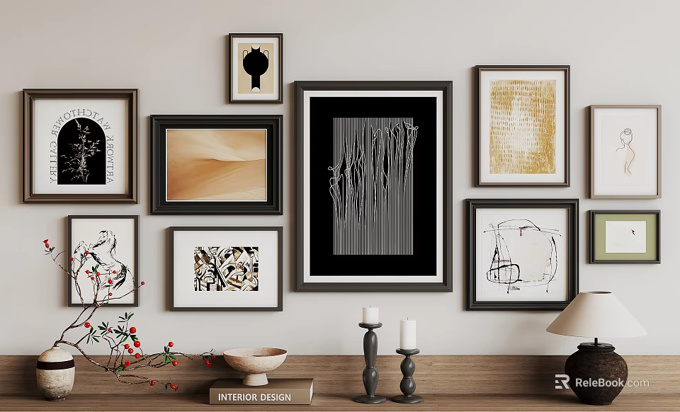 Multiple Abstract Paintings On Wall With Frames And Decorative Shelf Elements 3d model
