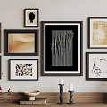 Multiple Abstract Paintings On Wall With Frames And Decorative Shelf Elements 3d model