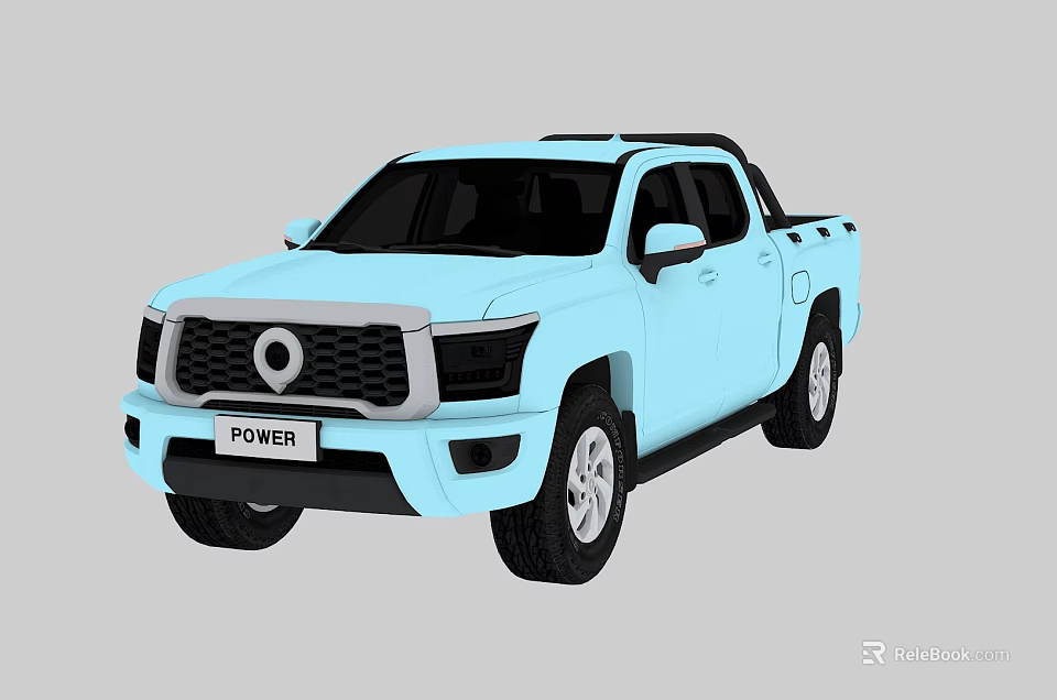 Light Blue Pickup Truck With POWER Badge Double Cab Modern Front Grille 3d model 
