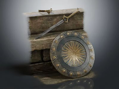 Medieval Weapons Sword And Shield On Stone Stack With Golden Star Pattern And Metal Accents 3d model